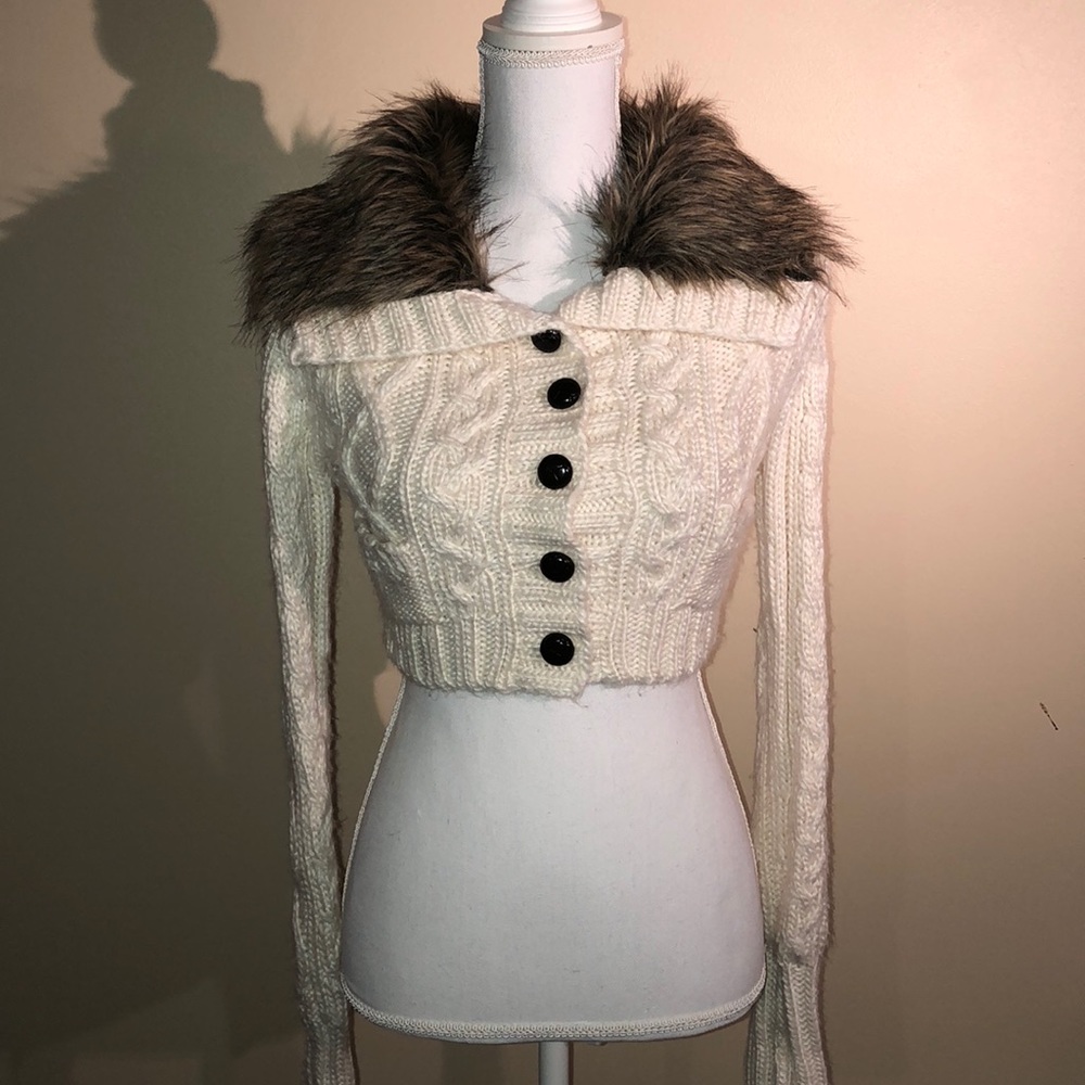 HandKnit Cropped Button Sweater w/ Faux Fur Collar